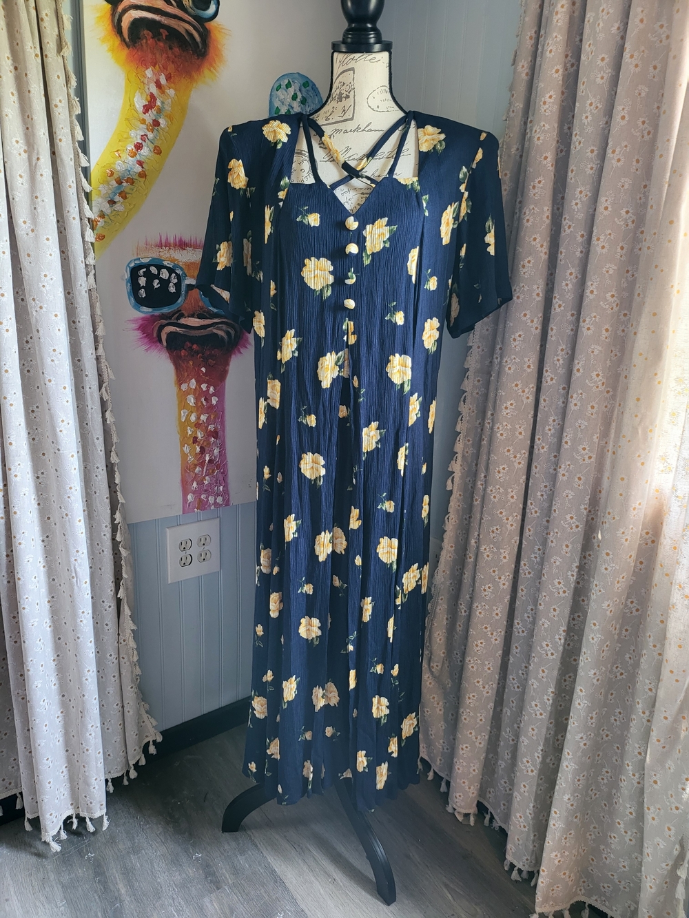 Vintage Alix Taylor Woman Navy Floral Crinkle Rayon Maxi Dress Size 18